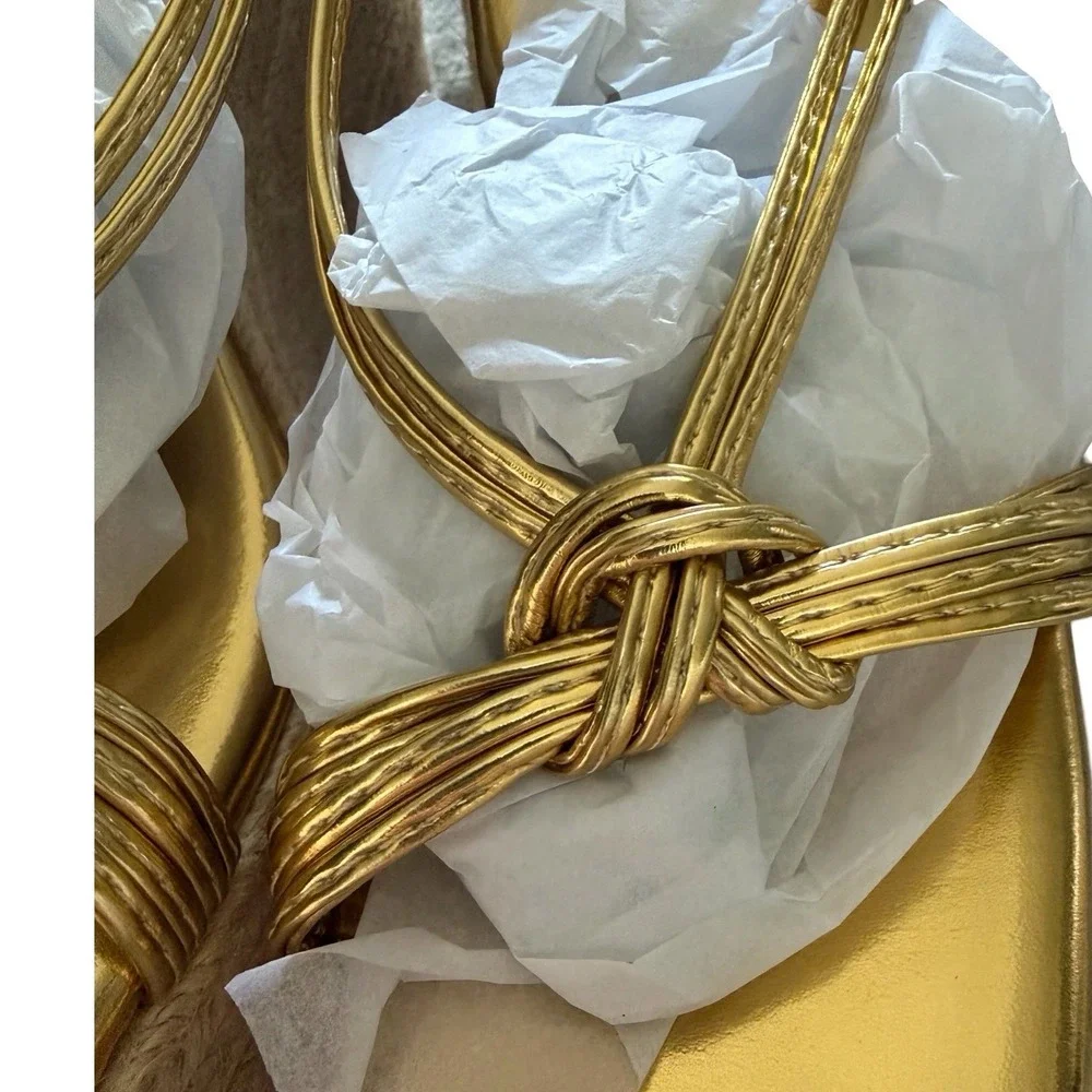 Gold Metallic Wedge Espadrille Platform Sandals Knotted Straps Square Toe Sz 6
